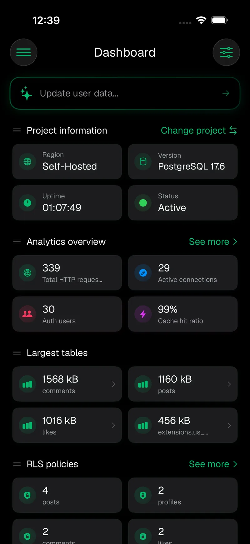 Supanator project dashboard for a self-hosted project running PostgreSQL 17.6
