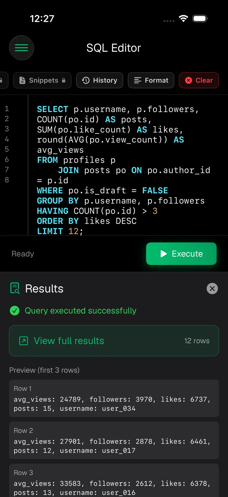 Supanator SQL editor on iPhone with a query and its results
