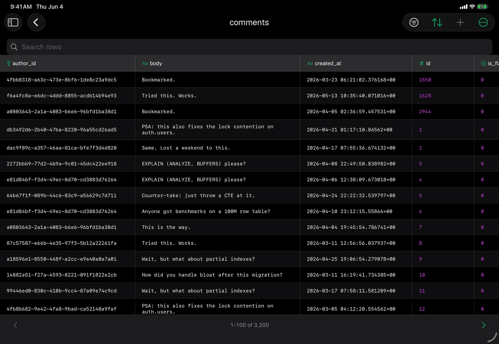 Supanator table editor on iPad showing rows of a comments table