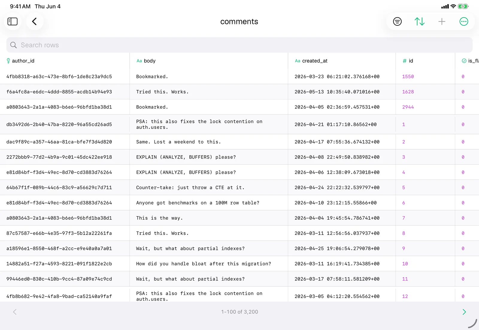 Supanator table editor on iPad in light appearance, showing the rows of a comments table
