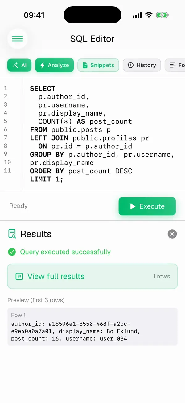 SQL editor in Supanator after Execute: Query executed successfully, with the first result row